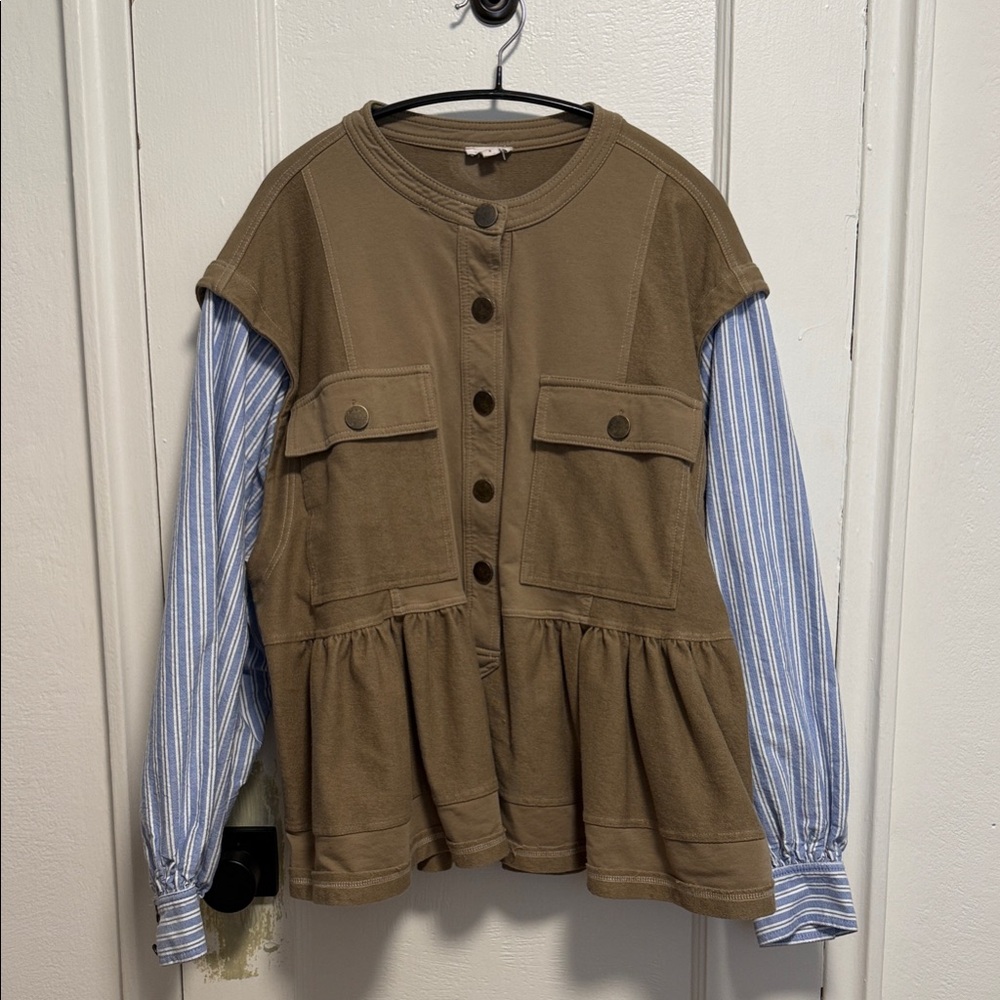 Green Button-Up Vest with Striped Sleeves